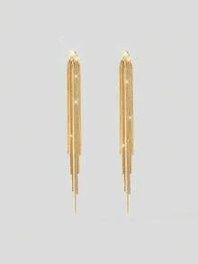 Aloruh 2pcs Fashionable Simple Metallic Tassel & Shiny Pendant Dangle Earrings, Perfect For Party, Date Or Gift - Yellow Gold - View 2