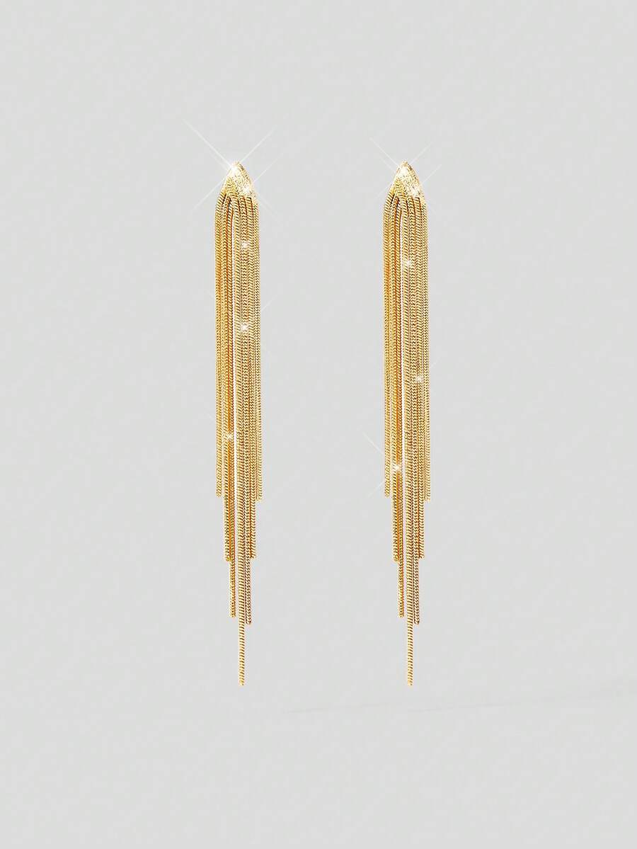 Aloruh 2pcs Fashionable Simple Metallic Tassel & Shiny Pendant Dangle Earrings, Perfect For Party, Date Or Gift