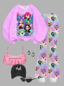 SHEIN 返校季，卡通女孩，亮紫色，K-Pop 超级明星 Rumi、Mira、Zoey，少女休闲宽松圆领长袖卫衣套装，两件套，适合秋冬季穿着 - 彩色 - 查看 2