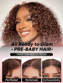 ALL READY WIG Tóc giả không keo Wear And Go, tóc thật, nhổ sẵn, cắt sẵn, màu nâu sô cô la, tóc giả ren phía trước cho phụ nữ da đen, tóc giả bob sóng nước mật độ 200, tóc giả xoăn màu tóc thật (màu nâu sô cô la, 16 inch) - S4 - Xem 5