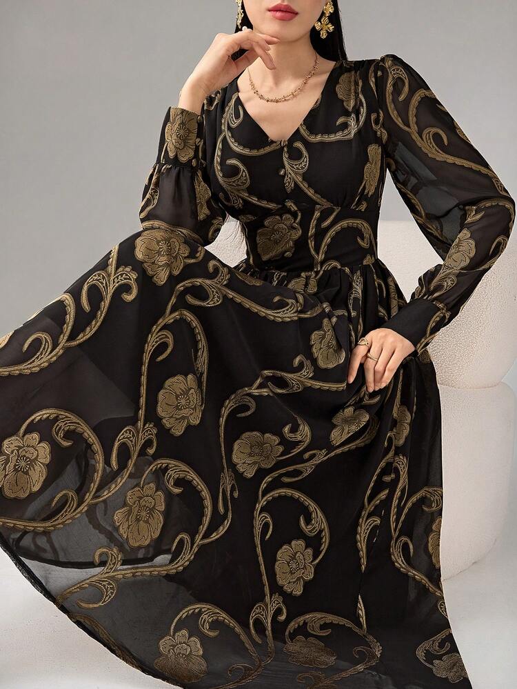 Women's Elegant Floral V-Neck Puff Sleeve Mid-Length Dress, Autumn/Winter
