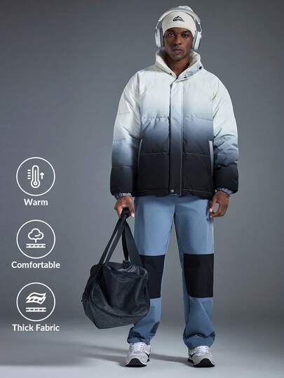 Driftmere Men's Fashionable Gradient Classic Side Pocket Elastic Hem Lined Outdoor Casual Hooded Down Coat, Versatile For Winter, Keep Warm,Sports Outdoor, Daily Casual Sports, Windproof, Waterproof Coat