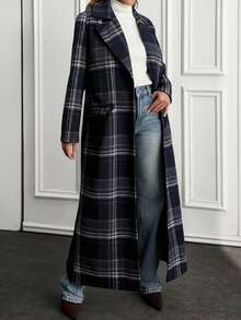Plaid Texture, Open Front, Belted, Cashmere Overcoats - Multicolor - View 1