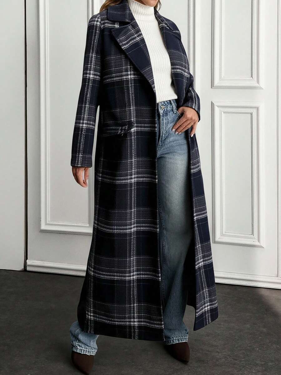 Plaid Texture, Open Front, Belted, Cashmere Overcoats - Multicolor - View 1