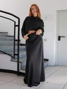 SILVIA DI SANTO Women Black Satin A-Line Skirt Women Skirts Long, Elegant Skirt - Black - View 6
