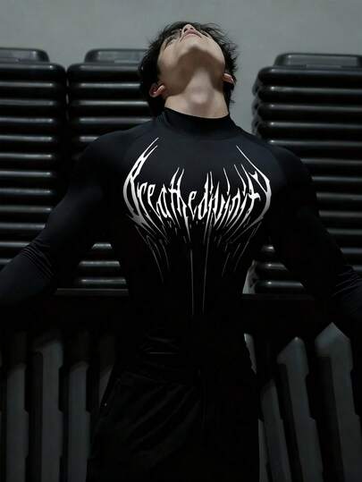 Manfinity Sport PWRUP Camiseta deportiva de manga larga con estampado minimalista para hombre