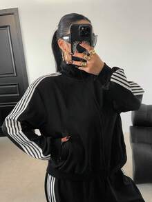 POPSWAY Plus Size Black Long Sleeve Zip-Up Jacket With Contrast Trim + Loose Straight Leg Pants With Contrast Trim, Elegant Vintage Casual Vacation Sports College 2-Piece Set, Autumn/Winter - Black - View 7