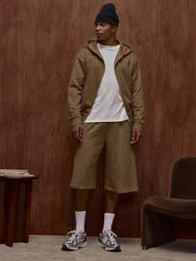 Musero Oversized Premium Boxy Double Pocket Jersey Double Zip Through Hooded Jacket Fall/SPRING SUMMER - Brown - View 3