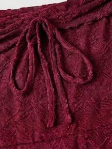 SHEIN MOD 优雅露肩酒红色纹理长款美人鱼连衣裙，适合派对穿着 - 酒紅色 - 查看 4