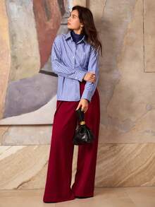 Hansera Pantalones anchos elegantes de pierna ancha con pliegues laterales de unicolor sin estiramiento para mujer, adecuados para uso diario, Día de San Valentín, Navidad, oficina y uso casual. Verano 2026 Navidad Año Nuevo Fiesta Playa para Mujer Casual - Rojo - Ver 3