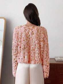 Elyressa 1 chiếc áo len chui đầu cổ tròn dáng rộng, thoải mái, đính sequin, thiết kế châu Âu, chất liệu mềm mại, ấm áp và thanh lịch cho mùa đông. - Hồng - Xem 2