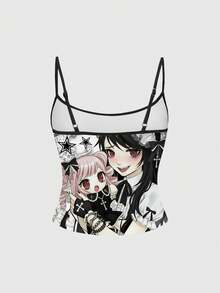 ROMWE Anime 暗黑朋克病娇Y2K十字娃娃暗黑复古星链蝴蝶结白色吊带背心女款 - 黑色 - 查看 2