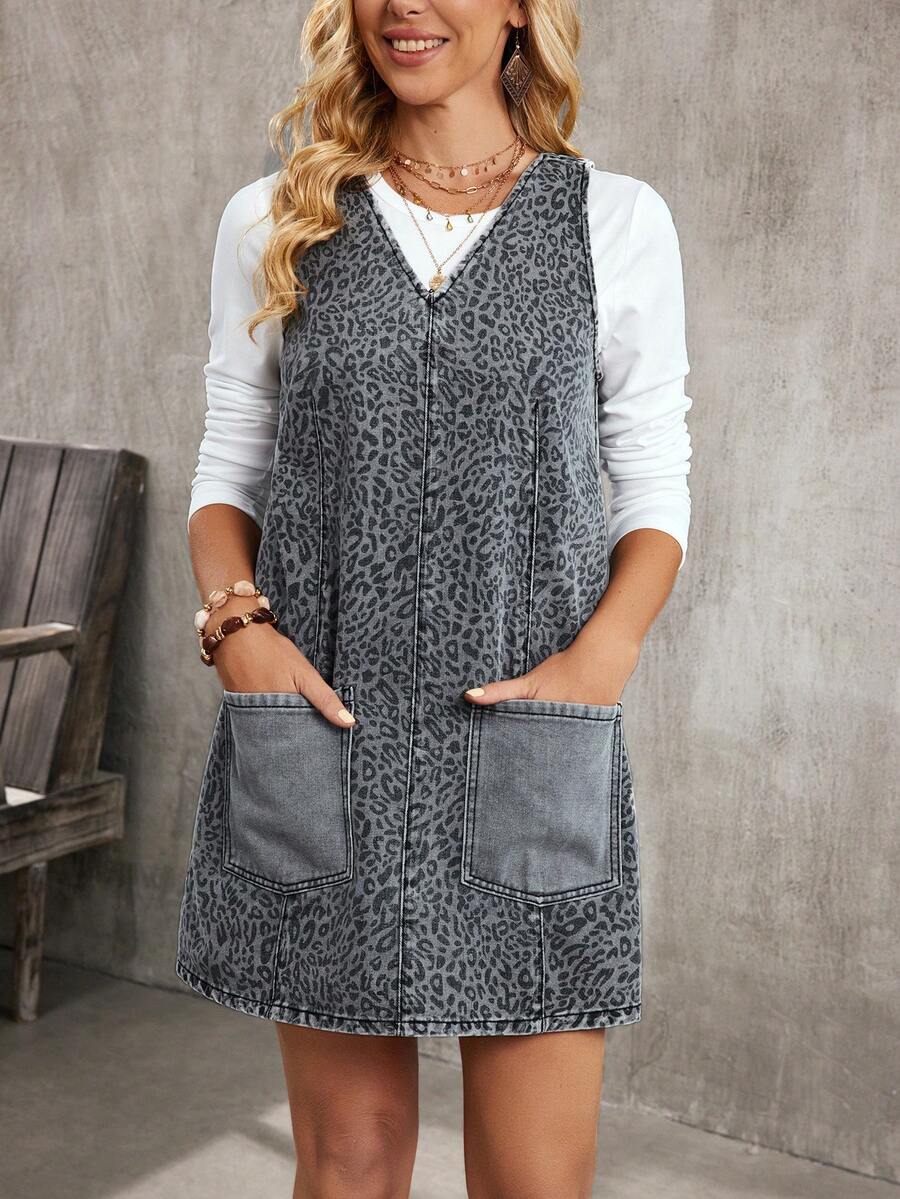 EMERY ROSE Casual Loose Sleeveless Pocket V-Neck Women Denim Dress - Grey - View 1