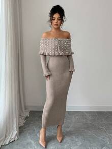 Rafferiza 女士纯色蝴蝶结长袖弹力修身露肩针织连衣裙，法式优雅珍珠装饰露肩大翻领针织连衣裙，秋冬针织长裙，返校季针织连衣裙，音乐节，圣诞节，仙女装，秋季婚礼宾客连衣裙 - 卡其色 - 查看 3