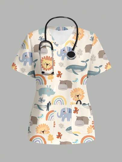 PopScrub Blusa de uniforme con cuello en V, manga corta y bolsillo con estampado de animales de dibujos animados para mujer