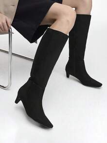 Mnmlis Women's Square Toe Minimalist Kitten Heel Mid-Calf Boots For Christmas - Black - View 4