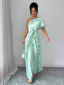 Rafferiza 优雅高端性感露肩印花上衣和宽松阔腿裤两件套 - 綠色 - 查看 5