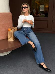 SHEIN 不对称腰身休闲阔腿孕妇牛仔裤，适合冬季、春季、圣诞节、新年、感恩节、通勤、度假、毕业典礼等场合，时尚百搭，可爱街头风，适合派对、婚礼、商务休闲等场合。透气牛仔阔腿牛仔裤，弹性腰带，棉质亲肤，宽松版型，蓝色牛仔裤，透气舒适，休闲直筒，简约百搭。 - 藍色 - 查看 6