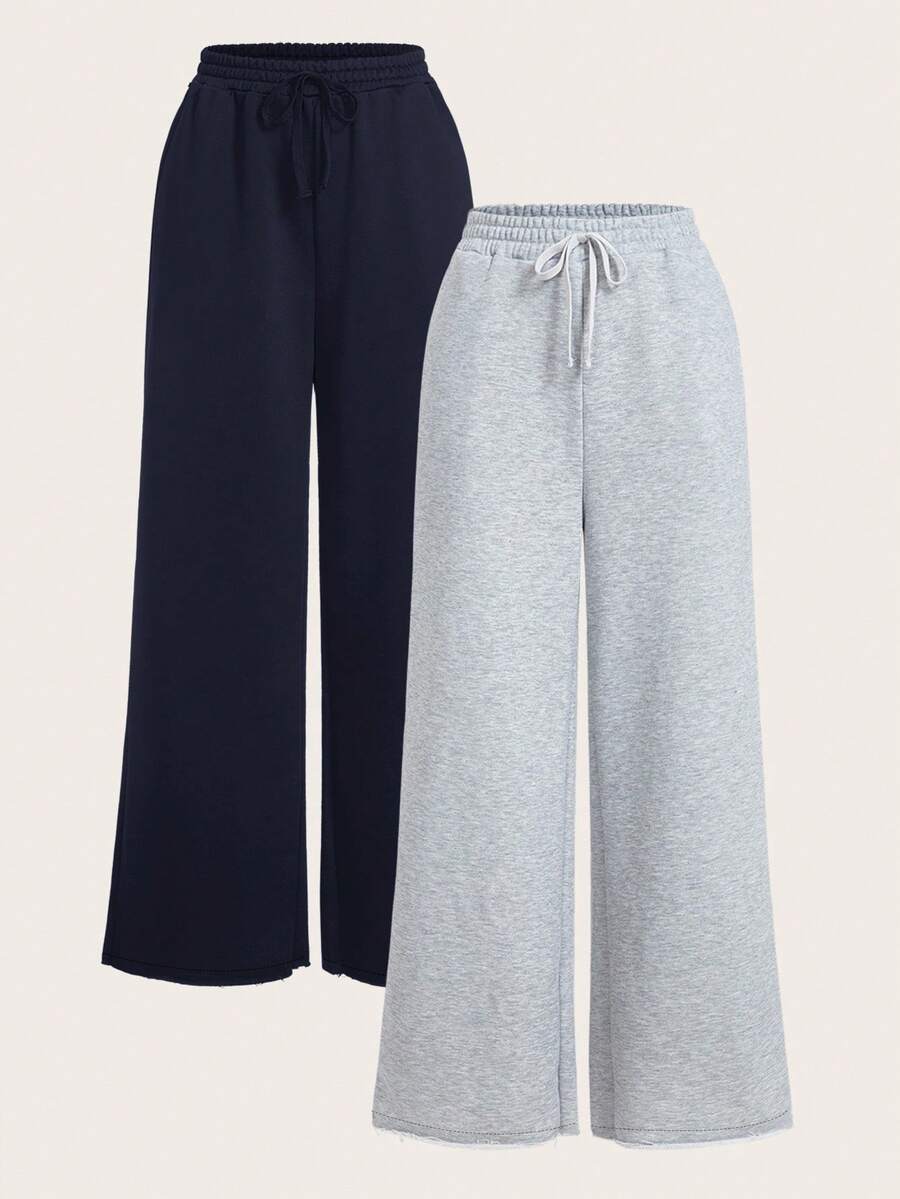 SHEIN EZwear 2件套女士休闲纯色阔腿运动裤 - 藏蓝色 - 查看 1