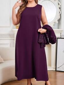 Modelyn Plus Size Elegant Party Solid Color Embroidered Mesh Jacket & Dress 2-Piece Set Fall - Purple - View 2