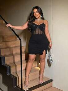 NU&NOW 大码女士性感派对连衣裙，闪亮亮片网纱透视吊带紧身迷你连衣裙，春夏款 - 黑色 - 查看 2