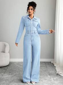 Elenzga 女士休闲优雅牛仔背带裤和连体裤 - 淺色水洗藍 - 查看 4