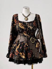 Sunspun Áo kiểu nữ cỡ lớn thanh lịch, phong cách bohemian cổ điển, in họa tiết, dáng rộng, cổ tròn, tay dài, viền bèo, thích hợp mặc hàng ngày, đi học, đi nghỉ mát, mùa xuân/hè/thu. - Nhiều màu - Xem 4