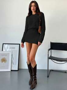 Aloruh Women Loose Top Tight Bottom Mini Round Neck Pullover Sweater Dress - Black - View 3