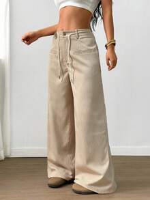 SHEIN Elenzya Women's Solid Color Crepe Drawstring Faux Pocket Casual Pants, Spring/Autumn - Apricot - View 3