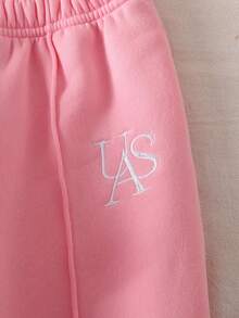 SHEIN 两件套女童刺绣字母拉链连帽衫和裤子套装，带保暖内衬，适合外出、居家和休闲穿着，秋冬季 - 西瓜粉 - 查看 3