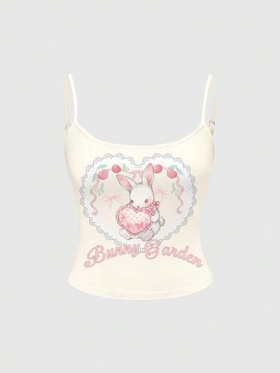 Canottiera da donna carina con pizzo, cuori kawaii, coniglietti e ciliegie