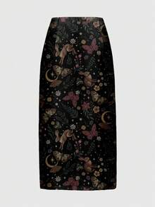 ROMWE Fairycore Falda con abertura alta de mujer talla grande, estilo gótico, oscuro y misterioso, con estampado de conejo, bosque, setas, sol, luna y estrellas - Negro - Ver 2