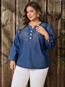 EMERY ROSE Plus Size Women Street Casual Comfortable Light Blue Embroidered Non-Stretch Denim Top - Light Wash - View 1