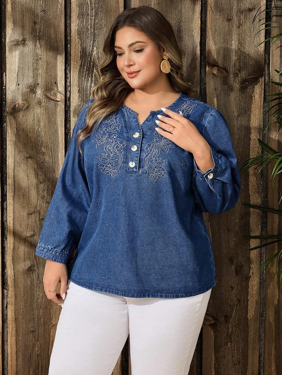 EMERY ROSE Plus Size Women Street Casual Comfortable Light Blue Embroidered Non-Stretch Denim Top - Light Wash - View 1