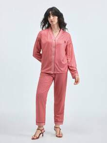 女士V领睡衣套装（2件套），长袖上衣和长裤，亲肤家居服，春秋/秋冬皆宜 - 玫紅色 - 查看 6