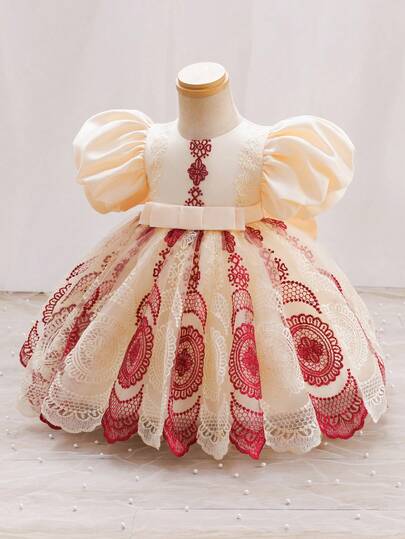 Glamorique Kids Baby Girl Elegant Party Floral Embroidery Princess Dress