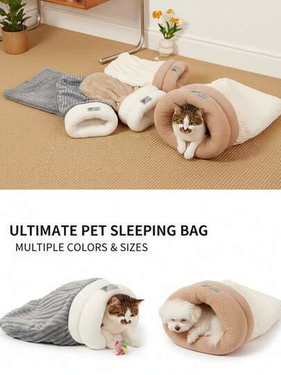 PETSIN 舒适猫窝，手工造型设计 - 柔和灰白配色，半封闭式宠物窝，四季皆宜，冬季保暖睡袋，猫狗适用，现代风格，无需组装，冬季猫窝，宠物舒适之选，现代宠物用品