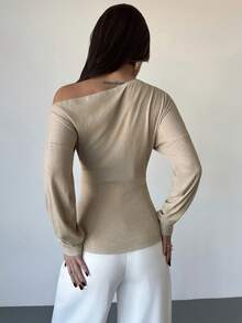 Firerie Women's Elegant Unique Asymmetrical Shoulder Ruched Long Sleeve T-Shirt,Khaki Thermal Lined Pullover,Autumn Brunch Elegant Casual Waist Pleated Top - Apricot - View 2