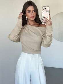 Firerie Women's Elegant Unique Asymmetrical Shoulder Ruched Long Sleeve T-Shirt,Khaki Thermal Lined Pullover,Autumn Brunch Elegant Casual Waist Pleated Top - Apricot - View 5
