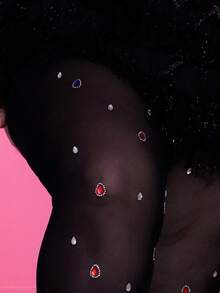 Pretty and Ole 大码女式秋冬、春夏优雅华丽性感基本款手工水钻装饰网眼面料透视紧身裤打底裤 - 黑色 - 查看 10