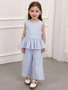 2pcs/Set Girls Elegant Bowknot Sleeveless Top And Wide Leg Pants Set - Baby Blue - View 4