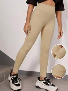SHEIN Tween Girl Beige Stretchy Casual Sports Leggings With Thermal Lined, Solid Color Sports Leggings, Running Tights - Apricot - View 8