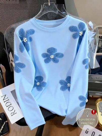 Almamuse Plus Size Floral & Pearl Print, Round Neck Faux Pearl Digital Print Round Neck Women Graphic T-Shirt