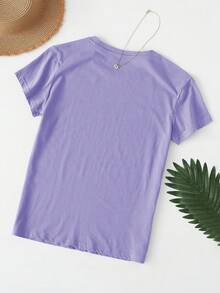 INAWLY 女士卡通绵羊刺绣圆领休闲百搭短袖T恤 - 紫丁香色 - 查看 2