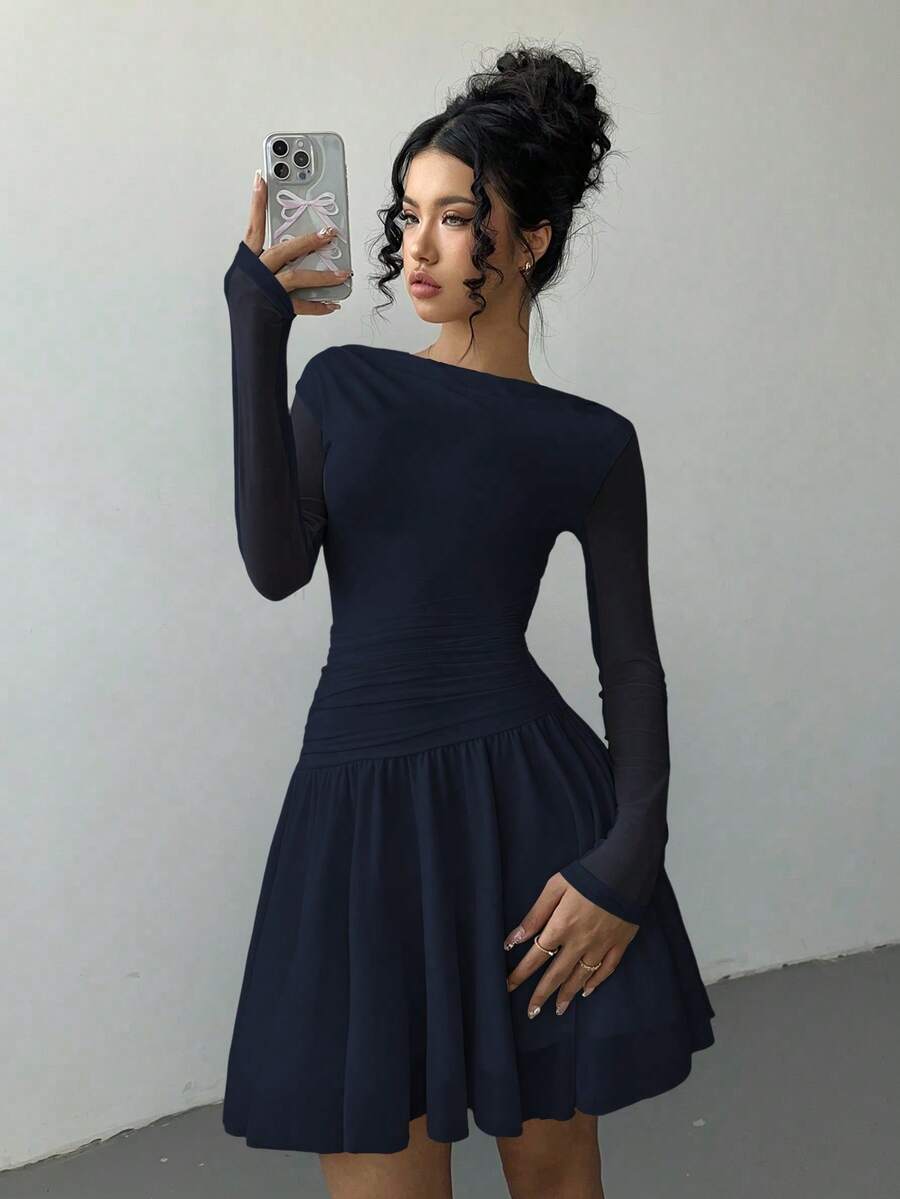 Chiquease 女士船领休闲优雅派对鸡尾酒会摆裙，适合春夏穿着 - 藏蓝色 - 查看 1