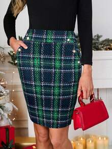 SHEIN Clasi Casual Plaid Pattern Versatile Commute Daily Wear Women Skirt - Green - View 4