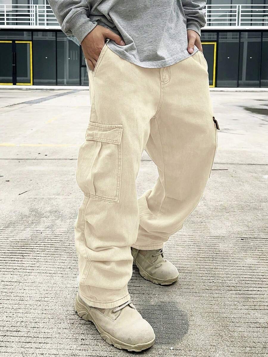 Manfinity EMRG Quần jeans ống rộng túi hộp thường ngày cho nam - Màu be - Xem 1