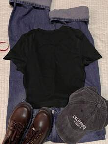 Glimmora 女士休闲标语印花短袖T恤，夏季 - 黑色 - 查看 2