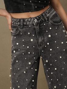 Anewsta Women's High Waist Fashionable Pearl Embellished Loose Straight Leg Jeans, Suitable For Spring And Valentine's Day - Black - View 4