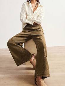 Bohemela Quần ống rộng lưng thun phong cách retro thường ngày dành cho nữ - xanh quân đội - Xem 3